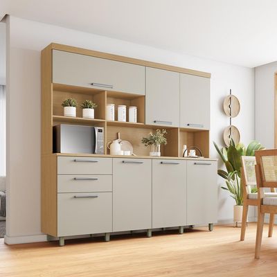 Cozinha Compacta Nobreza 100% MDF 7 Portas 2 Gavetas Carvalho e Greice