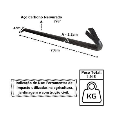 Pé de Cabra Alavanca Aço Carbono Nervurado Retira Prego 70cm