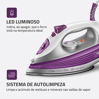 Ferro de Passar a Vapor Mondial FVN-01-P com Spray e Base Cerâmica Diamante – Branco/Roxo roxo,branco / 110