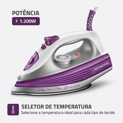 Ferro de Passar a Vapor Mondial FVN-01-P com Spray e Base Cerâmica Diamante – Branco/Roxo roxo,branco / 220