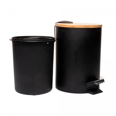 Lixeira 3l Redonda De Metal Com Pedal E Tampa Em Bambu Preta Lyor