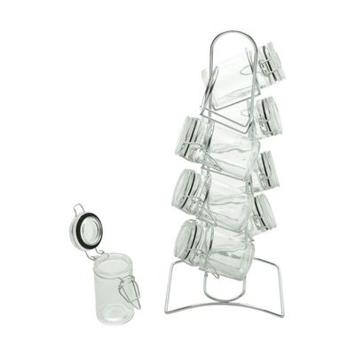 Porta Temperos 8 Peças De Vidro Com Tampa Hermética E Suporte De Metal Cromado Lyor