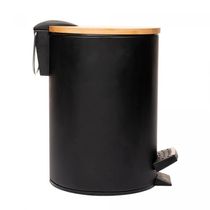 Lixeira 3l Redonda De Metal Com Pedal E Tampa Em Bambu Preta Lyor
