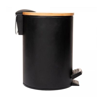 Lixeira 3l Redonda De Metal Com Pedal E Tampa Em Bambu Preta Lyor