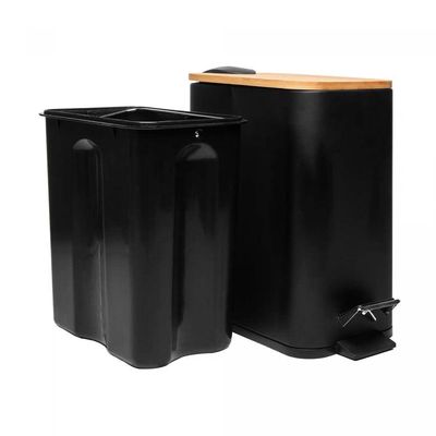 Lixeira 5l Retangular De Metal Com Pedal E Tampa Em Bambu Preta Lyor