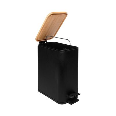 Lixeira 5l Retangular De Metal Com Pedal E Tampa Em Bambu Preta Lyor