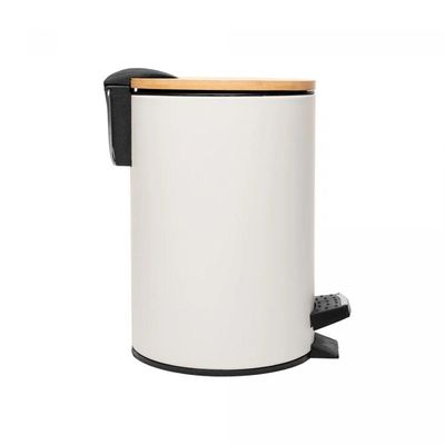 Lixeira 5l Redonda De Metal Com Pedal E Tampa Em Bambu Branca Lyor