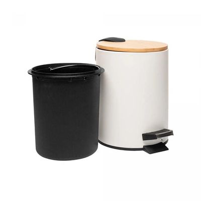 Lixeira 5l Redonda De Metal Com Pedal E Tampa Em Bambu Branca Lyor