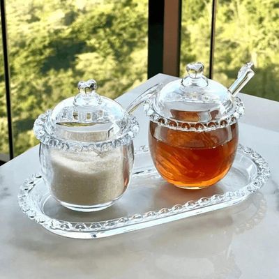 Kit Meleira + Açucareiro + Bandeja De Cristal Coração Lyor