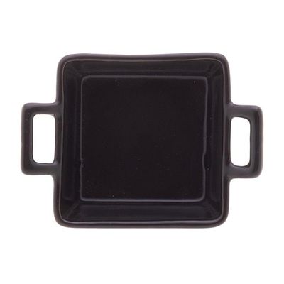 Conjunto 03 Petisqueiras Quadradas De Porcelana Preta Com Bandeja De Bambu Wolff