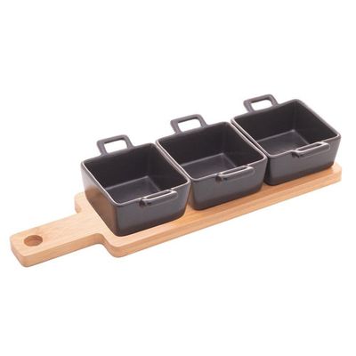 Conjunto 03 Petisqueiras Quadradas De Porcelana Preta Com Bandeja De Bambu Wolff