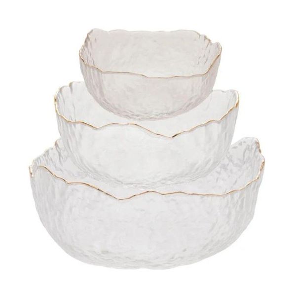 Kit 03 Bowls De Cristal Martelado Com Borda Dourada Taj Wolff