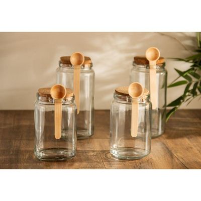 Kit 3 Porta Temperos Redondo 1 L Vidro Com Colher De Bambu E Tampa Rolha Lyor