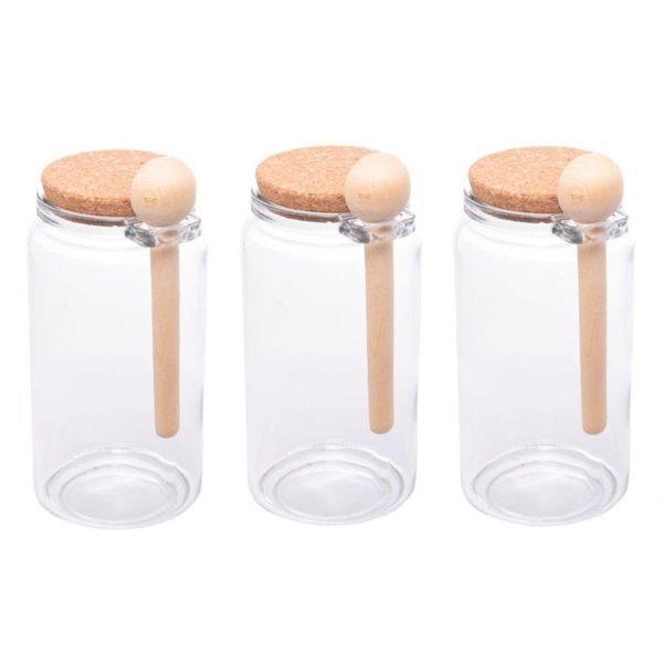 Kit 3 Porta Temperos Redondo 1 L Vidro Com Colher De Bambu E Tampa Rolha Lyor