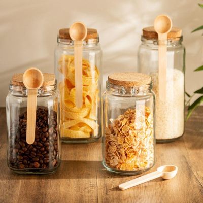 Kit 3 Porta Temperos Redondo 1 L Vidro Com Colher De Bambu E Tampa Rolha Lyor