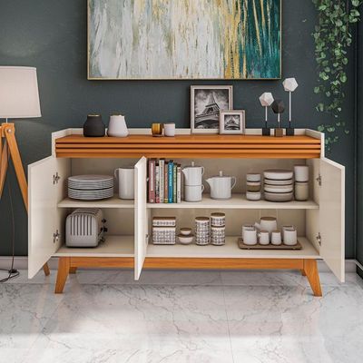 Buffet Aparador Ripado Com 3 Portas Monaco 136cm - Off White E Cedro