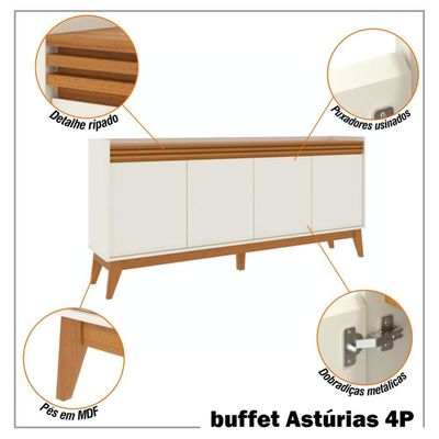 Buffet Aparador Ripado Com 4 Portas Monaco 180cm - Off White E Cedro