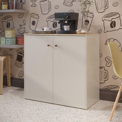 Buffet Aparador Compacto Com 2 Portas 77cm Escritório Tech - Off White E Cedro