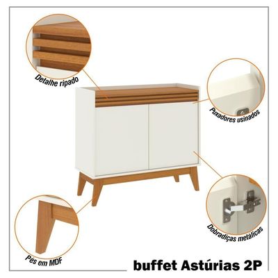 Buffet Aparador Ripado Com 2 Portas Monaco 92cm - Off White E Cedro