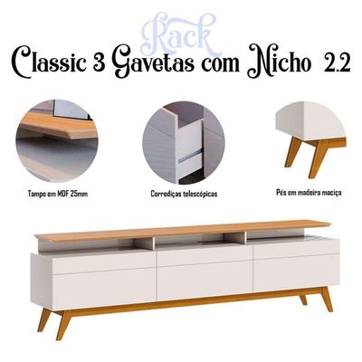 Rack Bancada Classic 3 Gavetas Com Nicho E Painel Para Suspenso Ripado Loft Off White Nature - Imcal