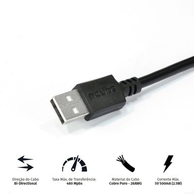Cabo para Impressora USB a 2.0 Macho para USB B 2.0 Macho 28AWG Puro Cobre 3 Metros - PUABM2-3