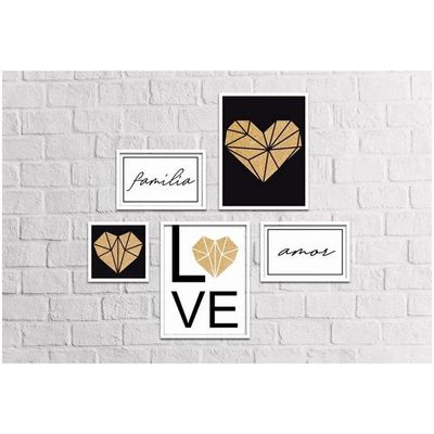 Conjunto Quadros Decorativos 5 Peças Família Coração Titulo Moldura Branca
