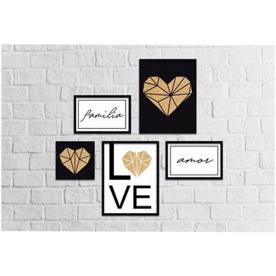 Conjunto Quadros Decorativos 5 Peças Família Coração Titulo Moldura Preta