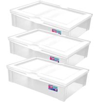 Kit 3 Caixas Organizadoras 29L Baixa com Tampa Plástica Radical Ordene Multiuso Transparente