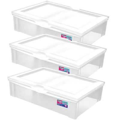 Kit 3 Caixas Organizadoras 29L Baixa com Tampa Plástica Radical Ordene Multiuso Transparente