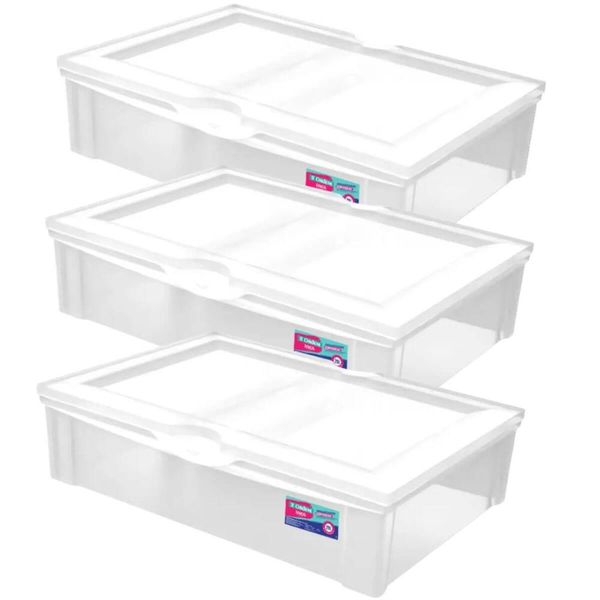 Kit 3 Caixas Organizadoras 29L Baixa com Tampa Plástica Radical Ordene Multiuso Transparente