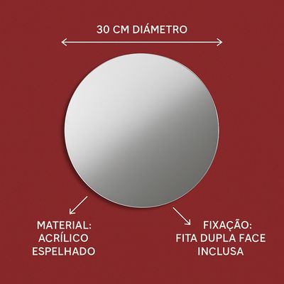 Espelho Base de Acrílico 30CM Redondo Multiuso Decorativo Com Adesivo Dupla Face