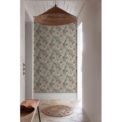 Papel de Parede Belize Folhagem Verde e Rosa PH3007