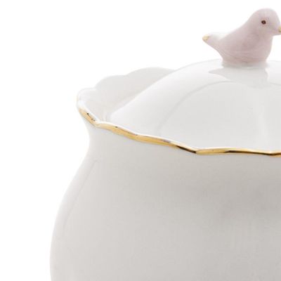 Açucareiro Birds De Porcelana 300ml Branco, Dourado E Rosa Wolff