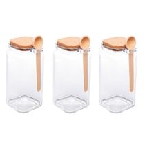Kit 3 Porta Temperos Quadrado 1,15 L Vidro Com Colher De Bambu E Tampa Rolha Lyor