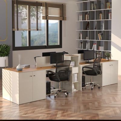 Estação De Trabalho 4 Lugares Office Tech 4 Mesas 2 Armários - Off White E Cedro Off White E Cedro