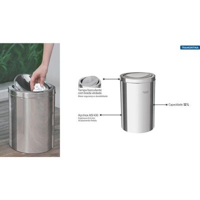 Lixeira Inox Tramontina Swing com Acabamento Polido 12 L