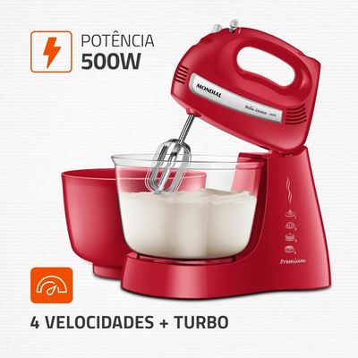 Batedeira Mondial Premium Bella Massa Inox B-29 NP com 4 Velocidades e 500W – Vermelha Vermelho / 110