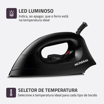 Ferro de Passar a Seco Mondial FSN-55-B com Base em Alumínio Polido – Preto preto / 220