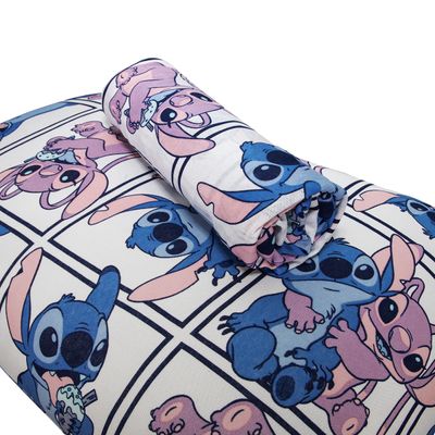 Jogo de Lençol KazzaVip Solteiro Malha Mista 70% Algodão e 30% Poliéster Estampado Disney Stitch Quadros Kids 2 Peças Lilas