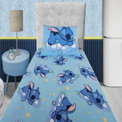 Jogo de Lençol KazzaVip Solteiro Malha Mista 70% Algodão e 30% Poliéster Joy Disney Stitch Dream 02 Peças Azul
