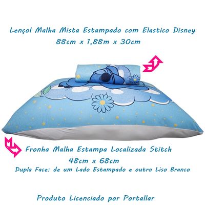 Jogo de Lençol KazzaVip Solteiro Malha Mista 70% Algodão e 30% Poliéster Joy Disney Stitch Dream 02 Peças Azul