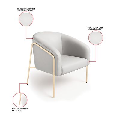 Poltrona Sala Decorativa Kit 2 Stella Base Alta Tubo Champanhe Sintético Cinza D03 - D'Rossi