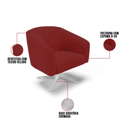 Poltrona Sala Decorativa Kit 2 Stella Base Giratória Cromada Veludo Marsala D03 - D'Rossi
