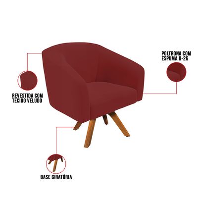Poltrona Sala Decorativa Kit 2 Stella Base de Madeira Giratória MM30 Veludo Marsala D03 - D'Rossi