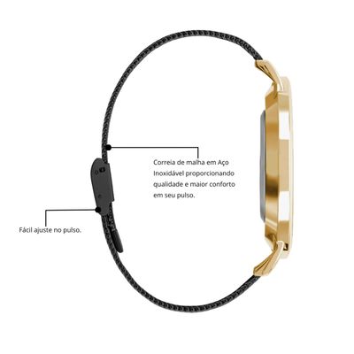 Relógio Feminino Preto Delicado 32mm + Bracelete New Port