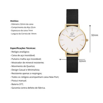 Relógio Feminino Analógico Dourado Casual Elegante New Port