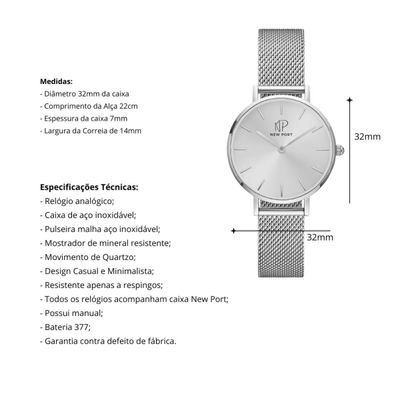 Relógio Feminino Prata Elegante Delicado 32mm Com Bracelete