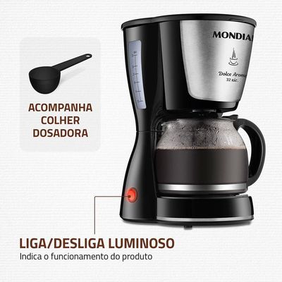 Cafeteira Elétrica Mondial Dolce Arome Inox C-32I 32 Xícaras - Preta Inox,Preto / 110