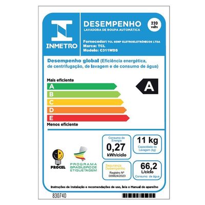 Lava e Seca TCL 11kg/7kg com Motor BLDC Inverter e Sistema Air Wash C311WDS - Prata Prata / 220