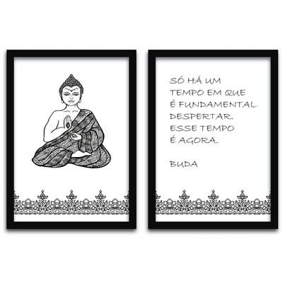Conjunto Quadros 2pçs 40X60 Buda Moldura Preta Fundo Branco